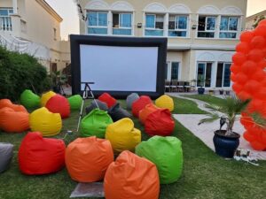 outdoor inflatable cinema | bean bag seating for rent in dubai | movie night rental uae