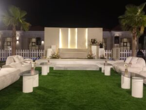 luxury outdoor stage | lounge seating setup | wedding furniture uae
